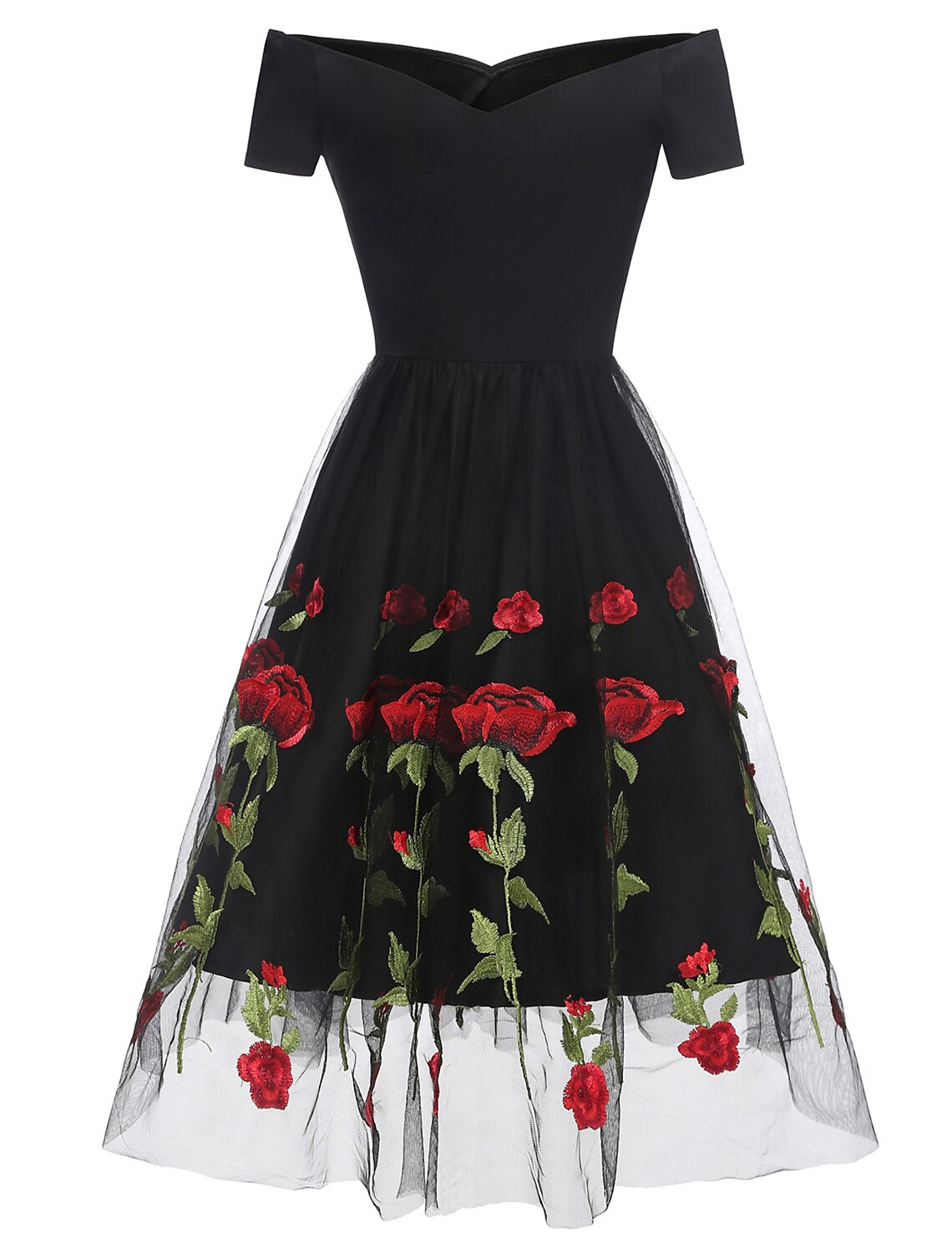 Cocktail Dresses Party Dress Holiday Wedding Guest Knee Length Short Sleeve Off Shoulder with Embroidery Appliques