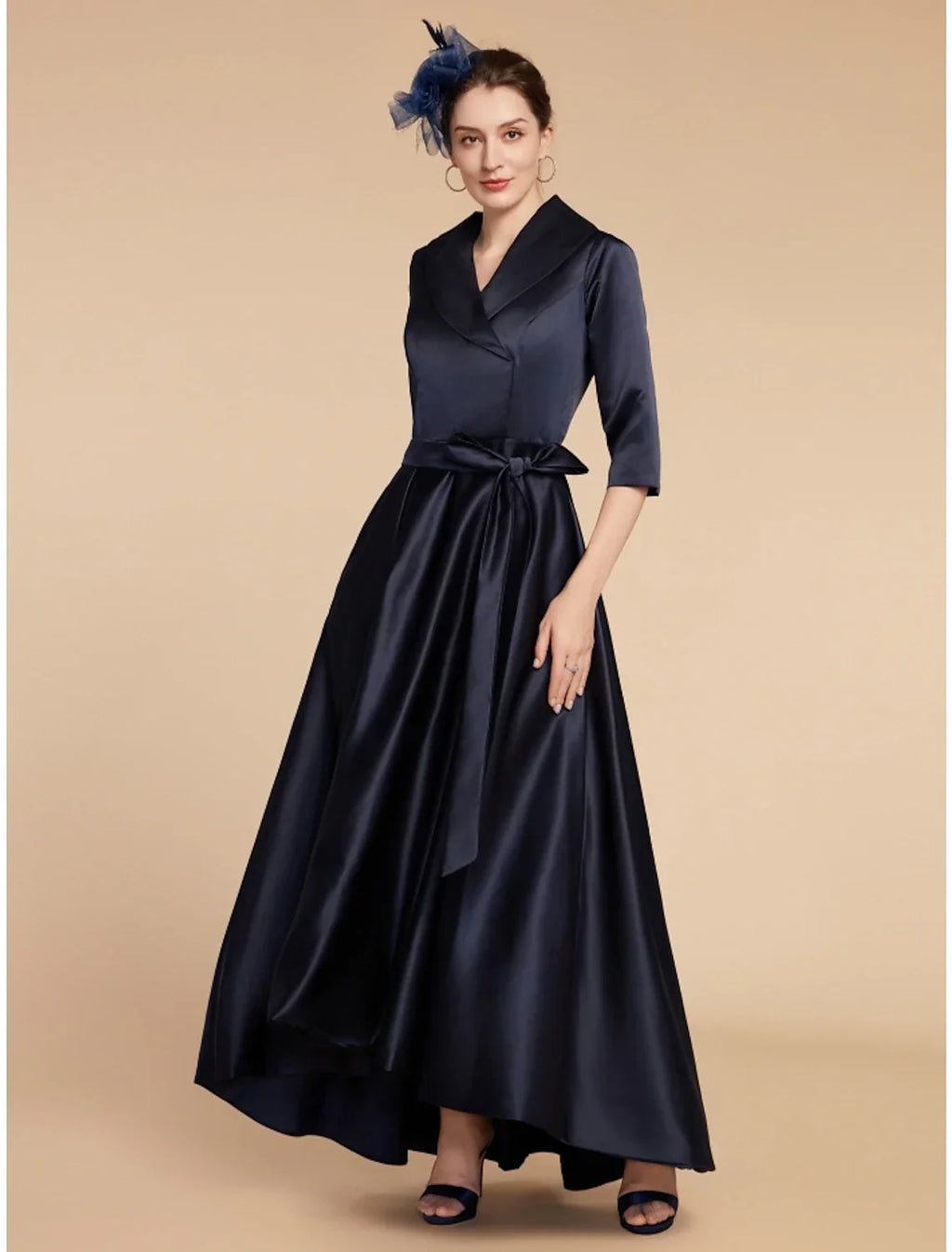 Mother of the Bride Dress Wedding Guest Elegant V Neck Ankle Length Half Sleeve with Sash / Ribbon Ruching Solid Color