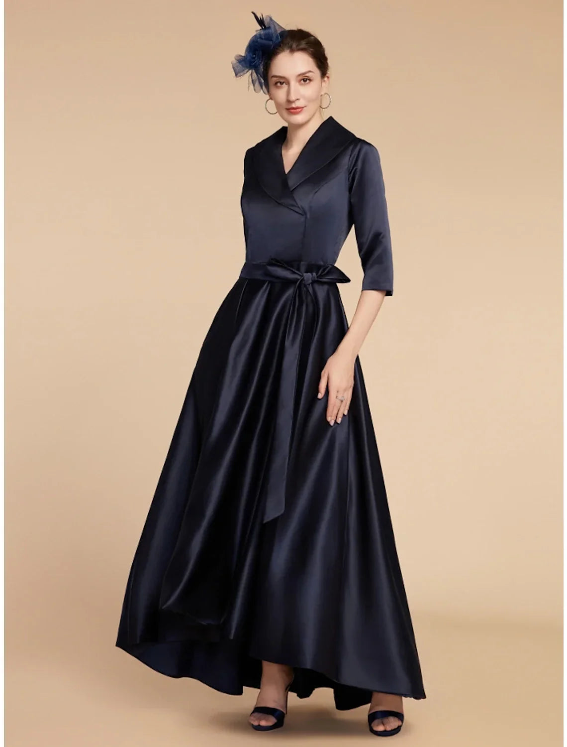 Mother of the Bride Dress Wedding Guest Elegant V Neck Ankle Length Half Sleeve with Sash / Ribbon Ruching Solid Color