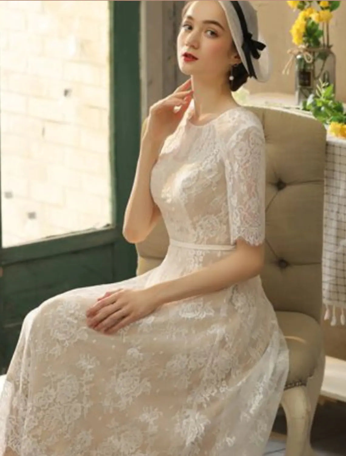 White Bridal Little Dresses Wedding Dresses A-Line Half Sleeve With Sash Ribbon Appliques