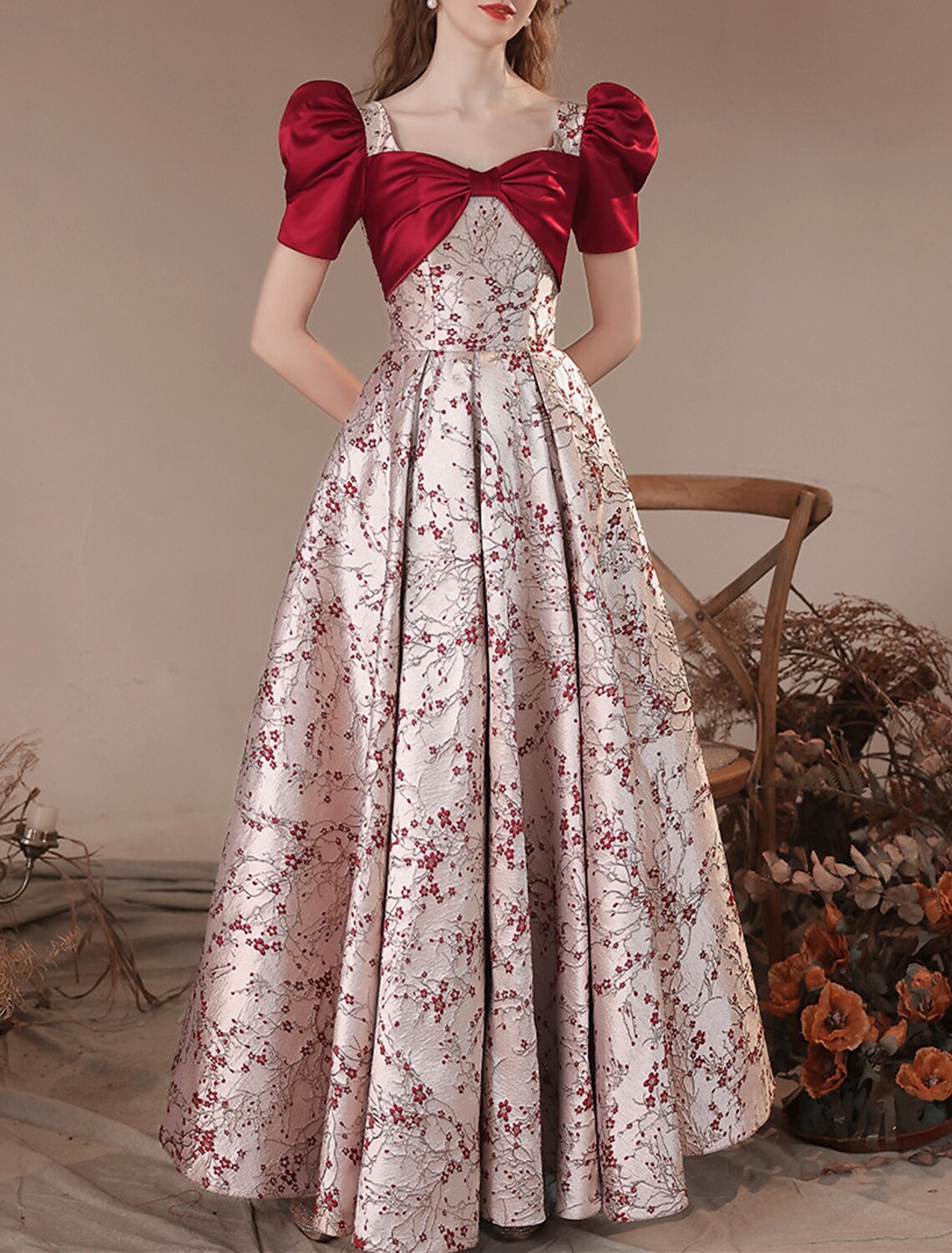 Party Dresses Floral Dress Masquerade Prom Floor Length Short Sleeve Square Neck with Embroidery