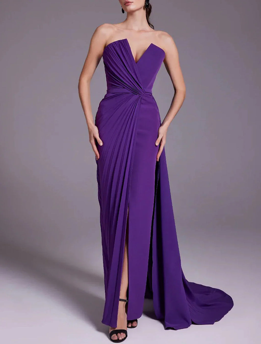Sheath / Column Evening Gown Elegant Dress Formal Wedding Tea Length Sleeveless V Neck with Ruched Slit
