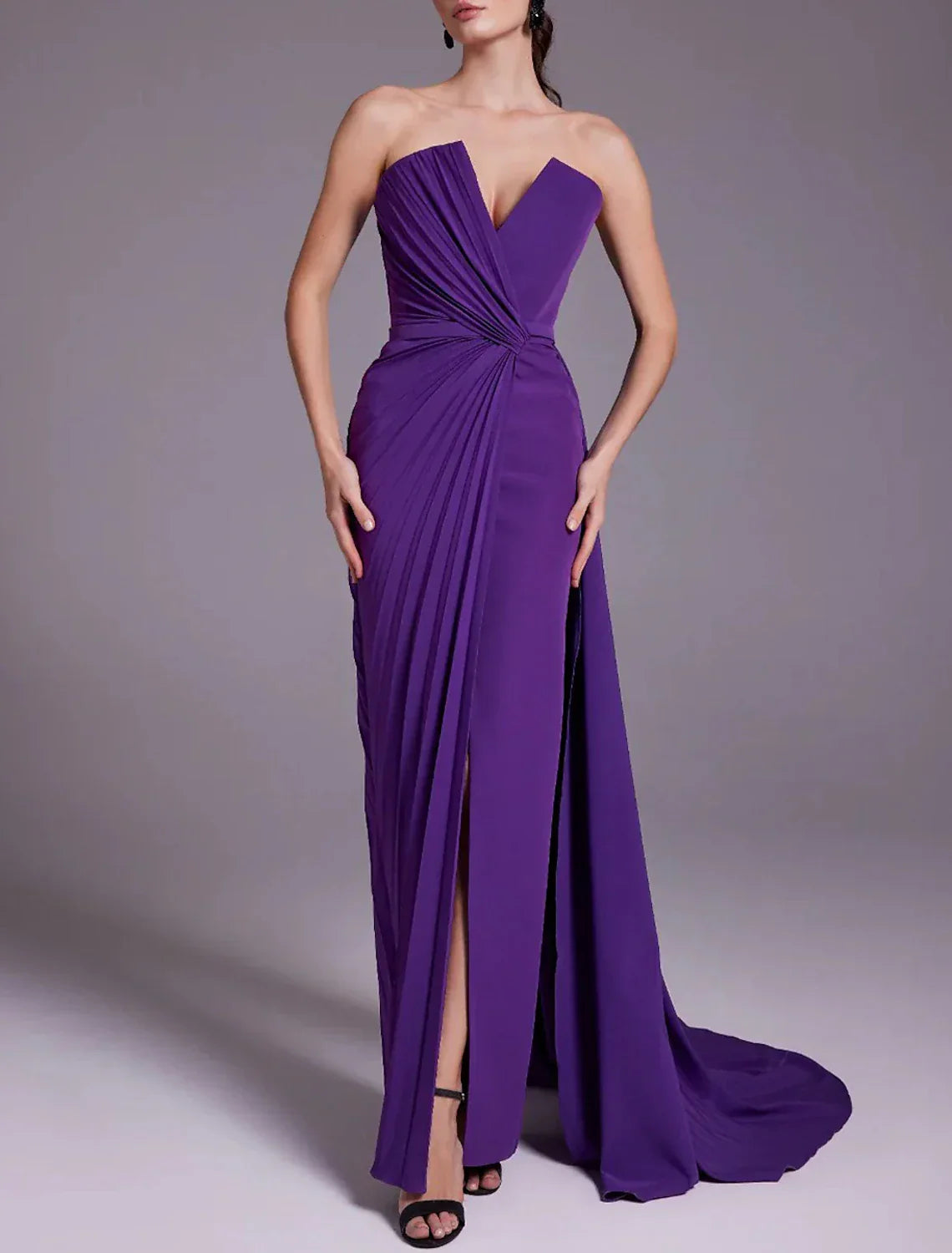 Sheath / Column Evening Gown Elegant Dress Formal Wedding Tea Length Sleeveless V Neck with Ruched Slit