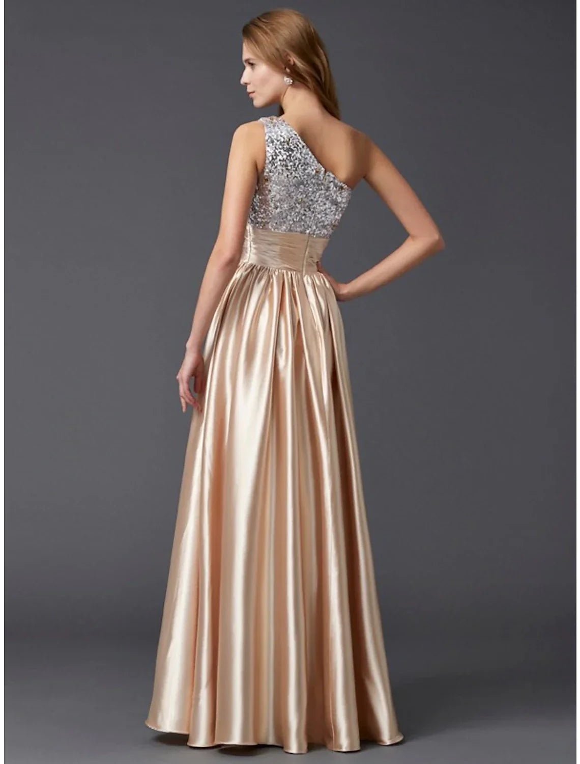 Sparkle & Shine Dress Party Wear Floor Length Sleeveless One Shoulder Charmeuse with Pleats