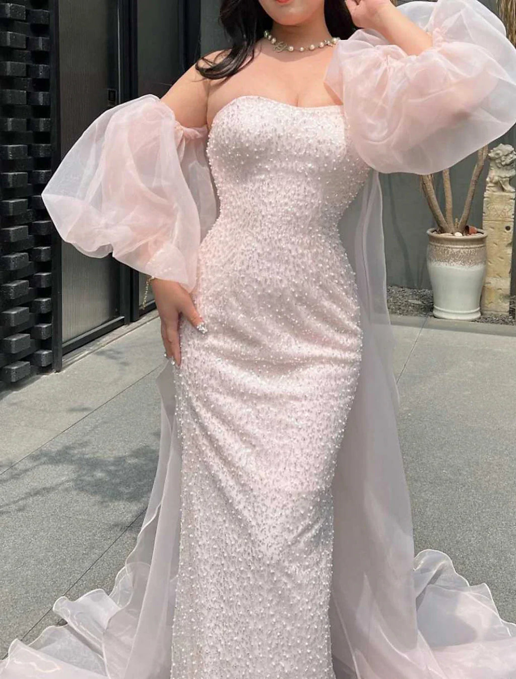 Mermaid / Trumpet Prom Dresses Sparkle & Shine Dress Formal Floor Length Short Sleeve Strapless with Pearls