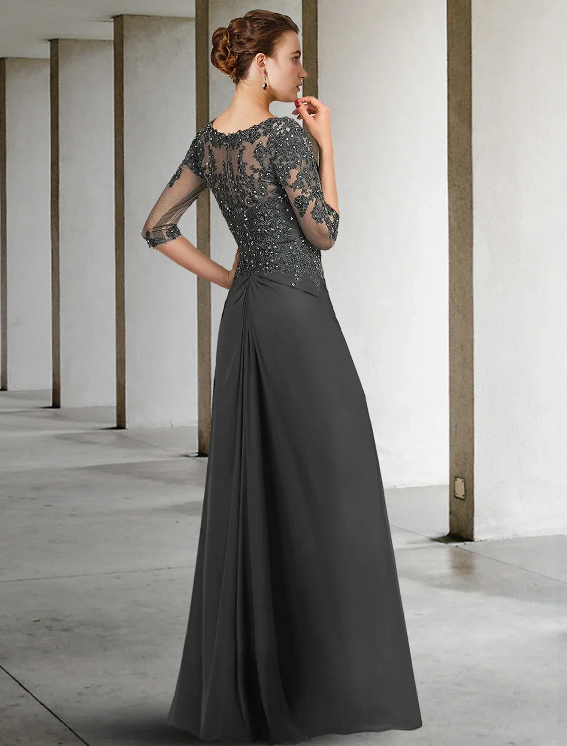 Sheath / Column Mother of the Bride Dress Formal Wedding Guest Party Elegant Square Neck Floor Length 3/4 Length Sleeve with Appliques Ruching