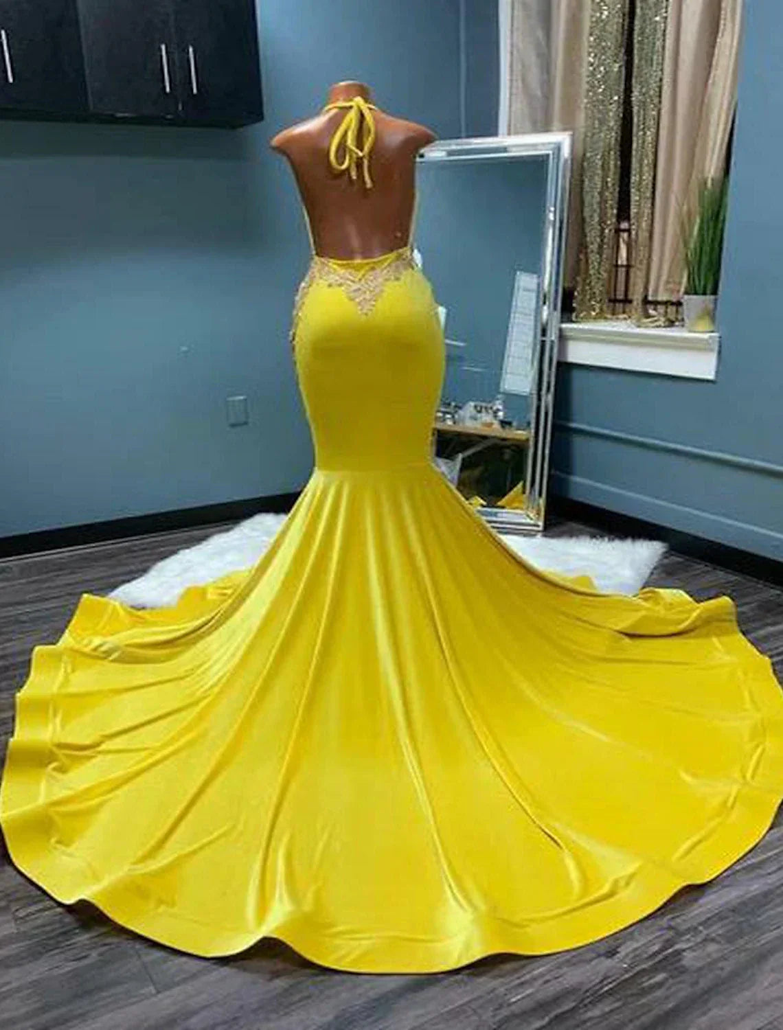Mermaid / Trumpet Evening Gown Backless Dress Formal Chapel Train Sleeveless Halter African American Imitation with Crystals Appliques