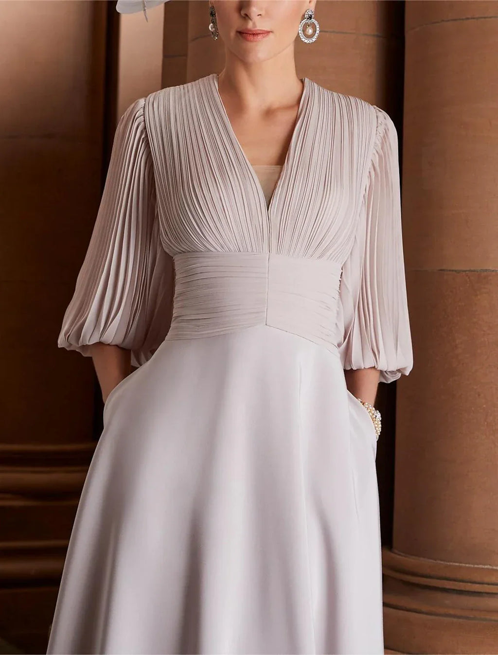Mother of the Bride Dress Formal Wedding Guest Elegant V Neck Ankle Length 3/4 Length Sleeve with Ruched Solid Color