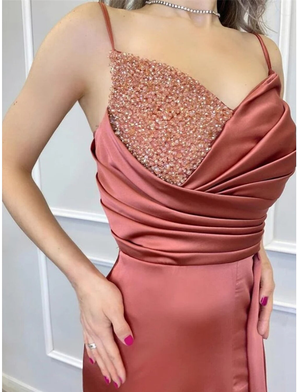 Evening Gown Elegant Dress Formal Sweep / Brush Train Sleeveless Spaghetti Strap Imitation with Pleats Ruched