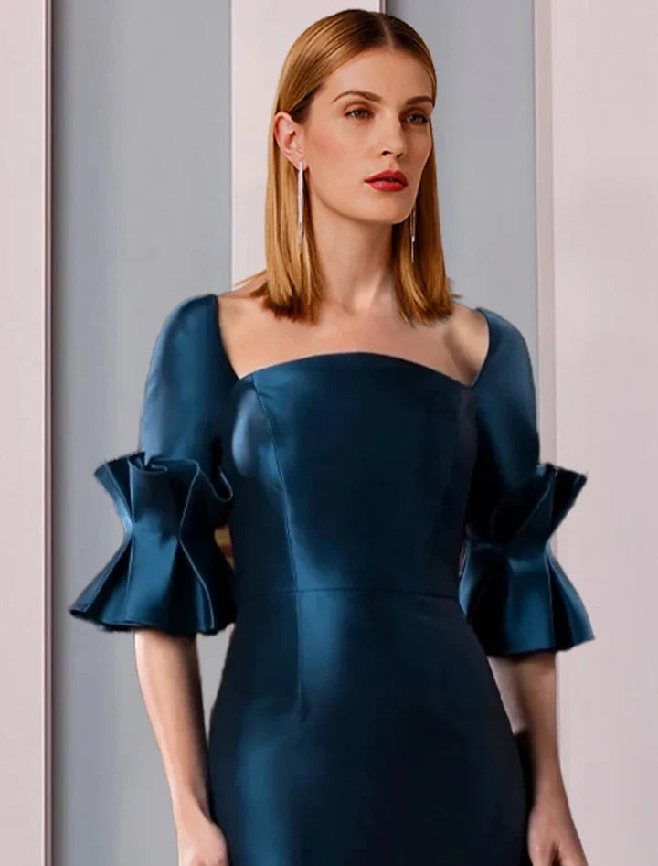 Elegant mermaid square neck ruffle sleeve button back long mother of the bride dresses