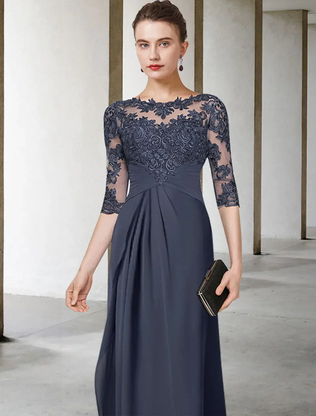 Plus Size Mother of the Bride Dress Elegant Floor Length Half Sleeve with Pleats