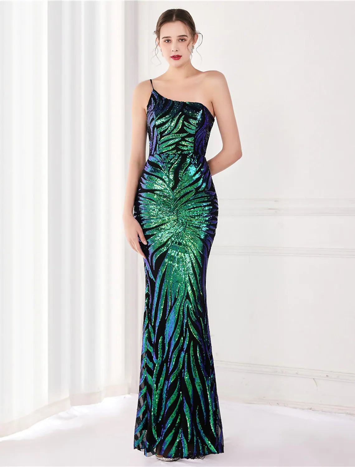 Evening Gown Elegant Dress Wedding Floor Length Sleeveless One Shoulder V Back