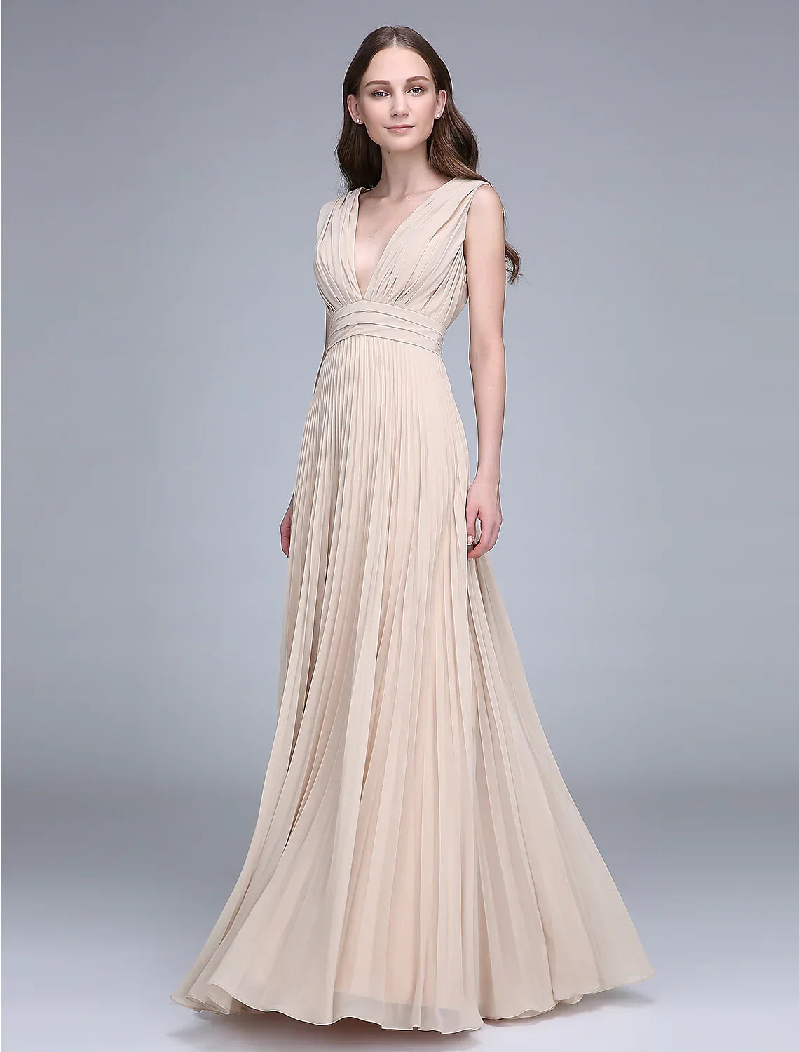 Bridesmaid Dress V Neck Sleeveless Elegant Floor Length with Ruched