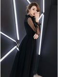 Black Little Dress Elegant Party Wear Prom Dress High Neck Long Sleeve Floor Length with Ruffles