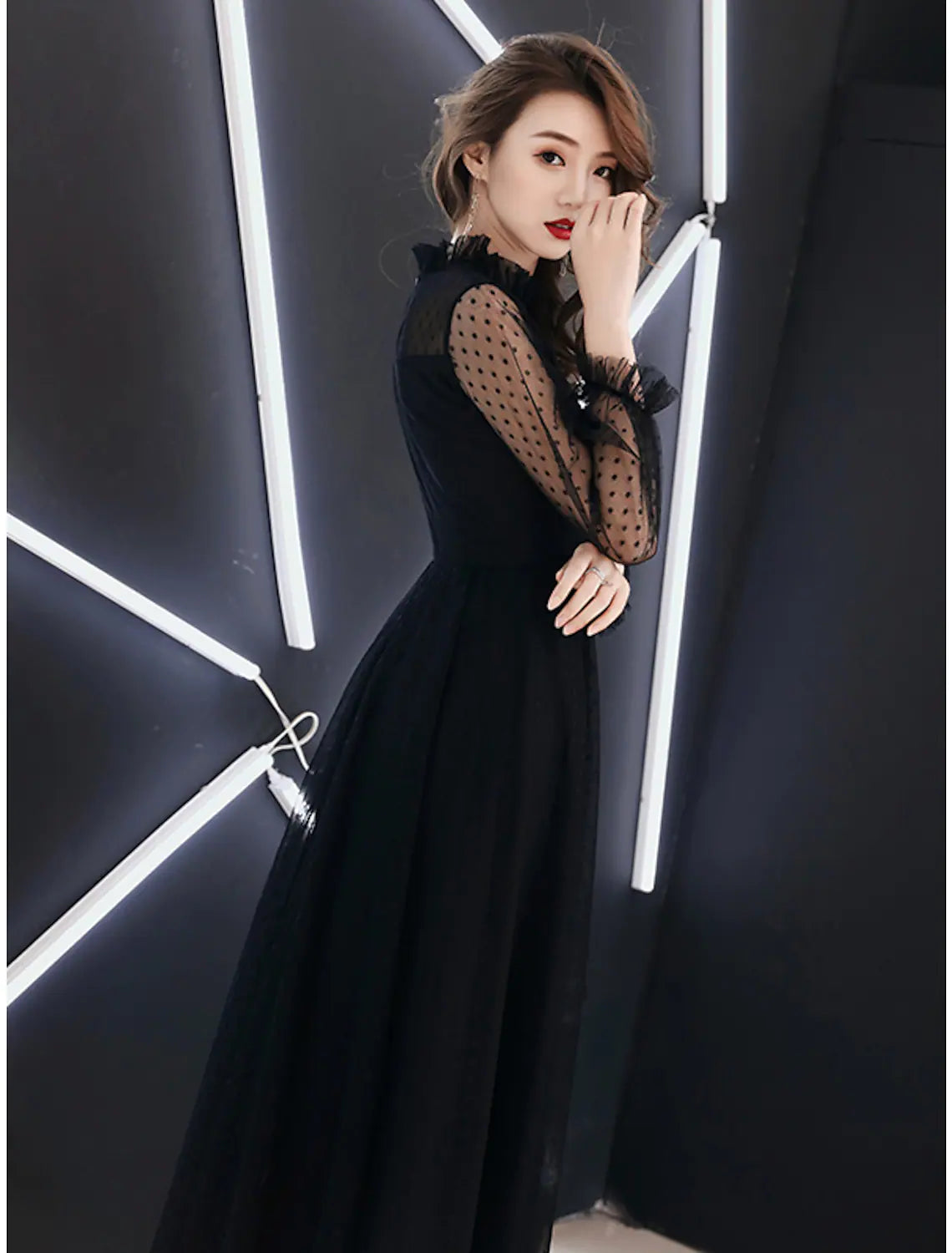 Black Little Dress Elegant Party Wear Prom Dress High Neck Long Sleeve Floor Length with Ruffles