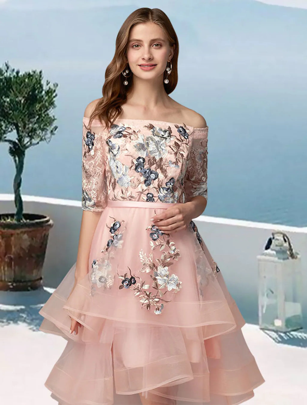 Evening Party Asymmetrical Half Sleeve Off Shoulder with Embroidery Appliques
