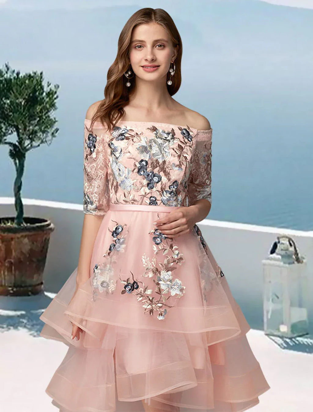 Floral Dress Evening Party Wedding Party Asymmetrical Half Sleeve Off Shoulder with Embroidery Appliques