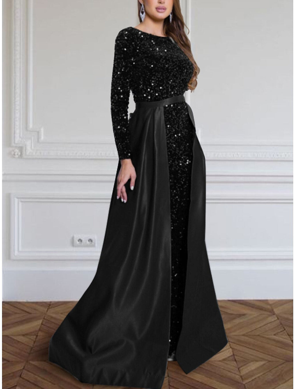 Black Evening Gown Sparkle & Shine Dress Plus Size Formal Fall Sweep / Brush Train Long Sleeve Jewel Neck with Glitter Pleats
