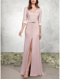 Mermaid / Trumpet Mother of the Bride Dress Formal Wedding Guest Elegant V Neck Floor Length Half Sleeve with Sash / Ribbon Bow(s) Buttons