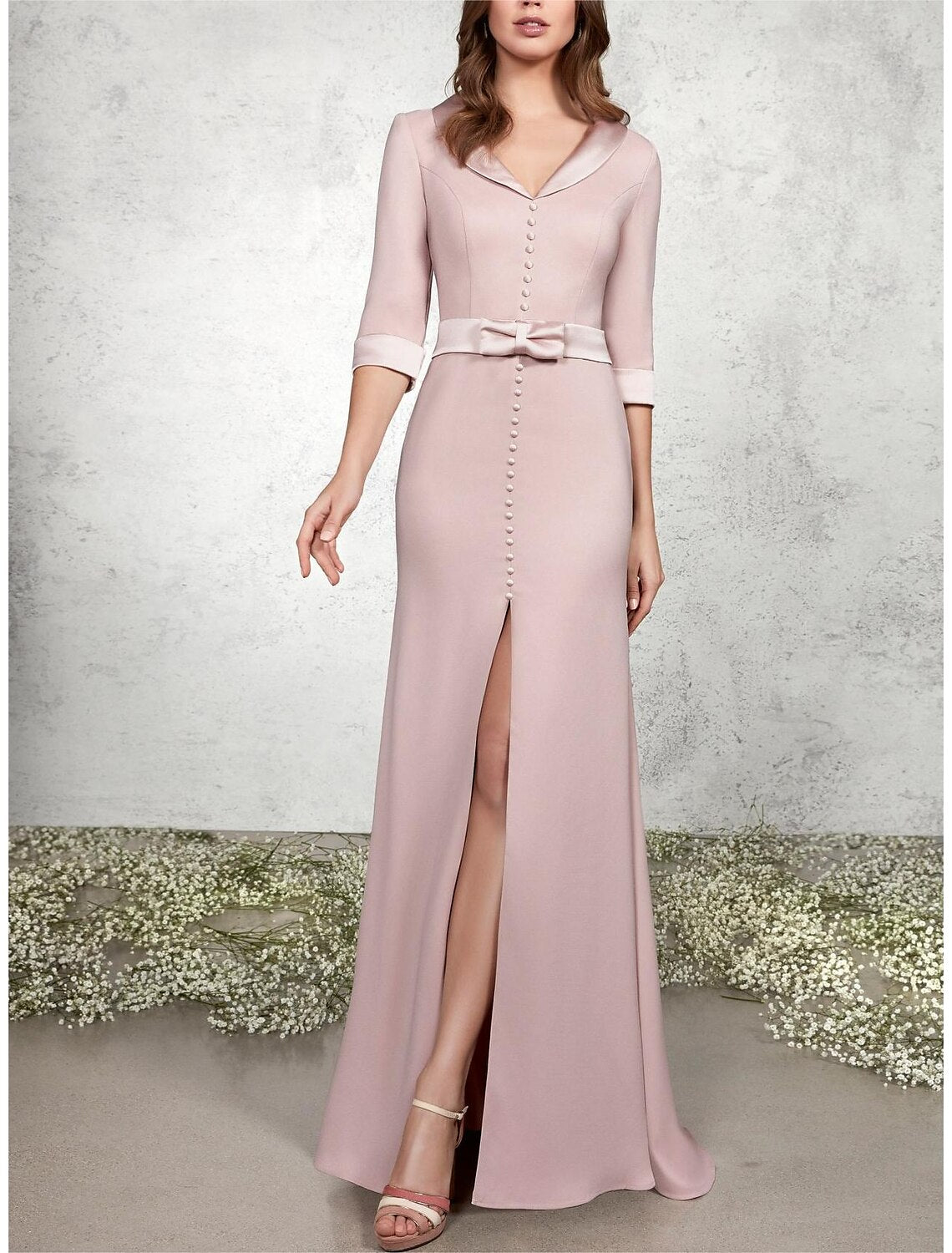 Mermaid / Trumpet Mother of the Bride Dress Formal Wedding Guest Elegant V Neck Floor Length Half Sleeve with Sash / Ribbon Bow(s) Buttons