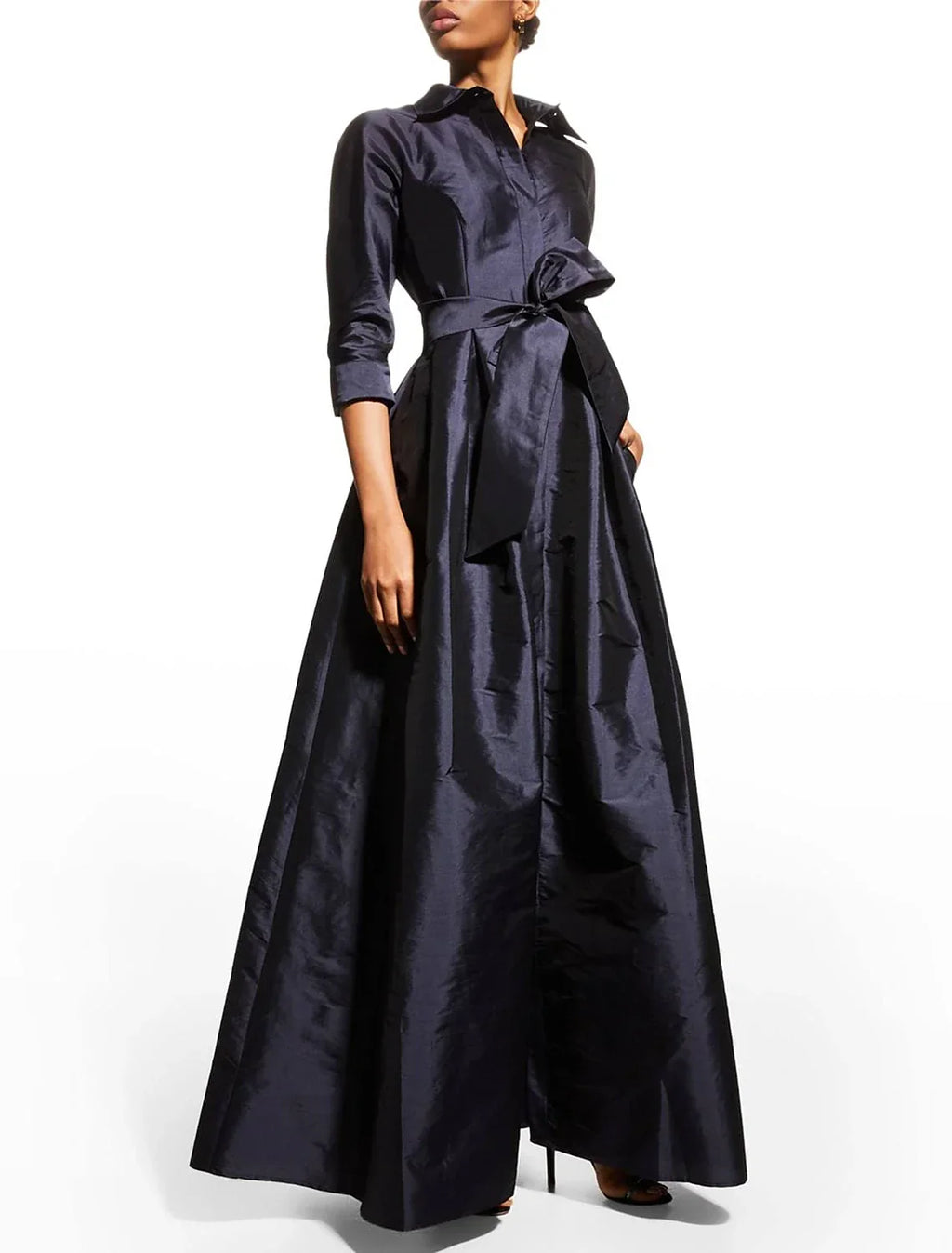 Black Evening Gown Elegant Dress Wedding Guest Floor Length 3/4 Length Sleeve Shirt Collar Pocket Taffeta with Pocket Strappy