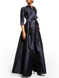 Black Evening Gown Elegant Dress Wedding Guest Floor Length 3/4 Length Sleeve Shirt Collar Pocket Taffeta with Pocket Strappy