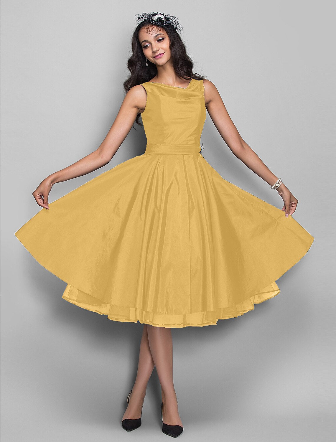 Cocktail Dresses Vintage Dress Halloween Knee Length Sleeveless V Neck Taffeta with Pleats Crystals