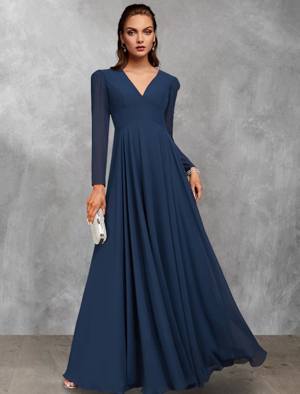 Mother of the Bride Dress Vintage Elegant V Neck Floor Length Long Sleeve with Ruffles Ruching