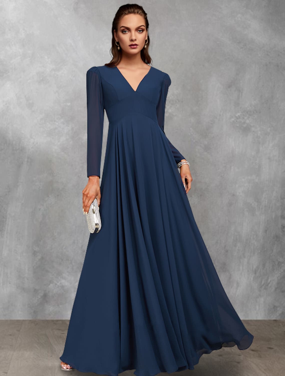 Mother of the Bride Dress Vintage Elegant V Neck Floor Length Long Sleeve with Ruffles Ruching