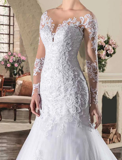 Elegant Red A-Line Classic-Neck Long-Sleeve Open-Back Floor-Length Wedding Dress
