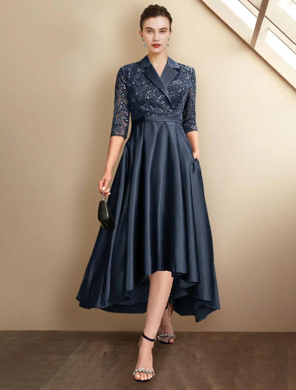 Mother of the Bride Dress Plus Size Elegant High Low Shirt Collar Asymmetrical Tea Length Half Sleeve with Pleats Appliques