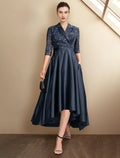 Mother of the Bride Dress Plus Size Elegant High Low Shirt Collar Asymmetrical Tea Length Half Sleeve with Pleats Appliques