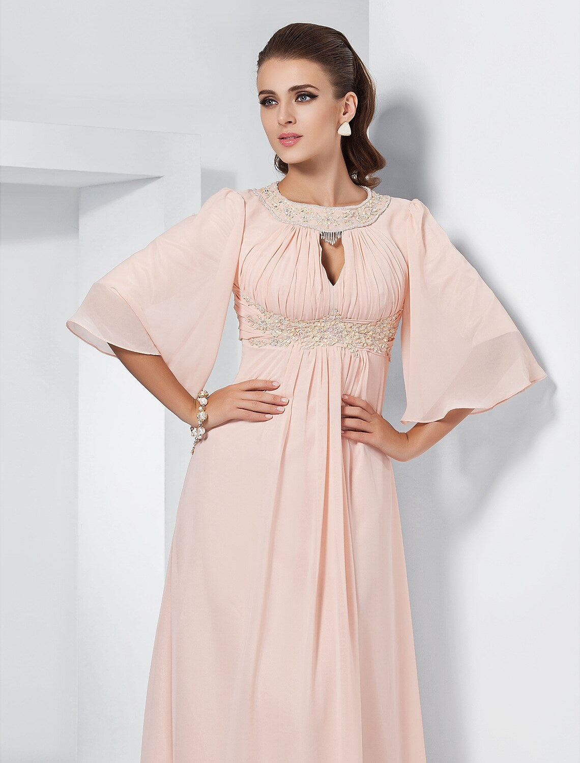 Evening Dresses Elegant Dress Wedding Half Sleeve Jewel Neck with Beading Draping