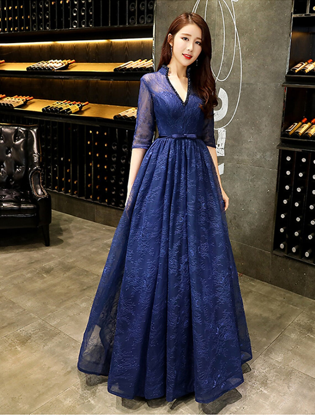 Evening Gown Beautiful Back Dress Wedding Guest Floor Length Half Sleeve V Neck with Beading Prom Dresses