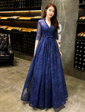 Evening Gown Beautiful Back Dress Wedding Guest Floor Length Half Sleeve V Neck with Beading Prom Dresses