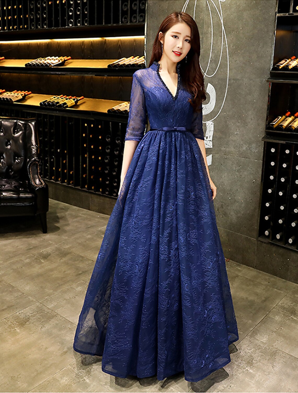 Evening Gown Beautiful Back Dress Wedding Guest Floor Length Half Sleeve V Neck with Beading Prom Dresses