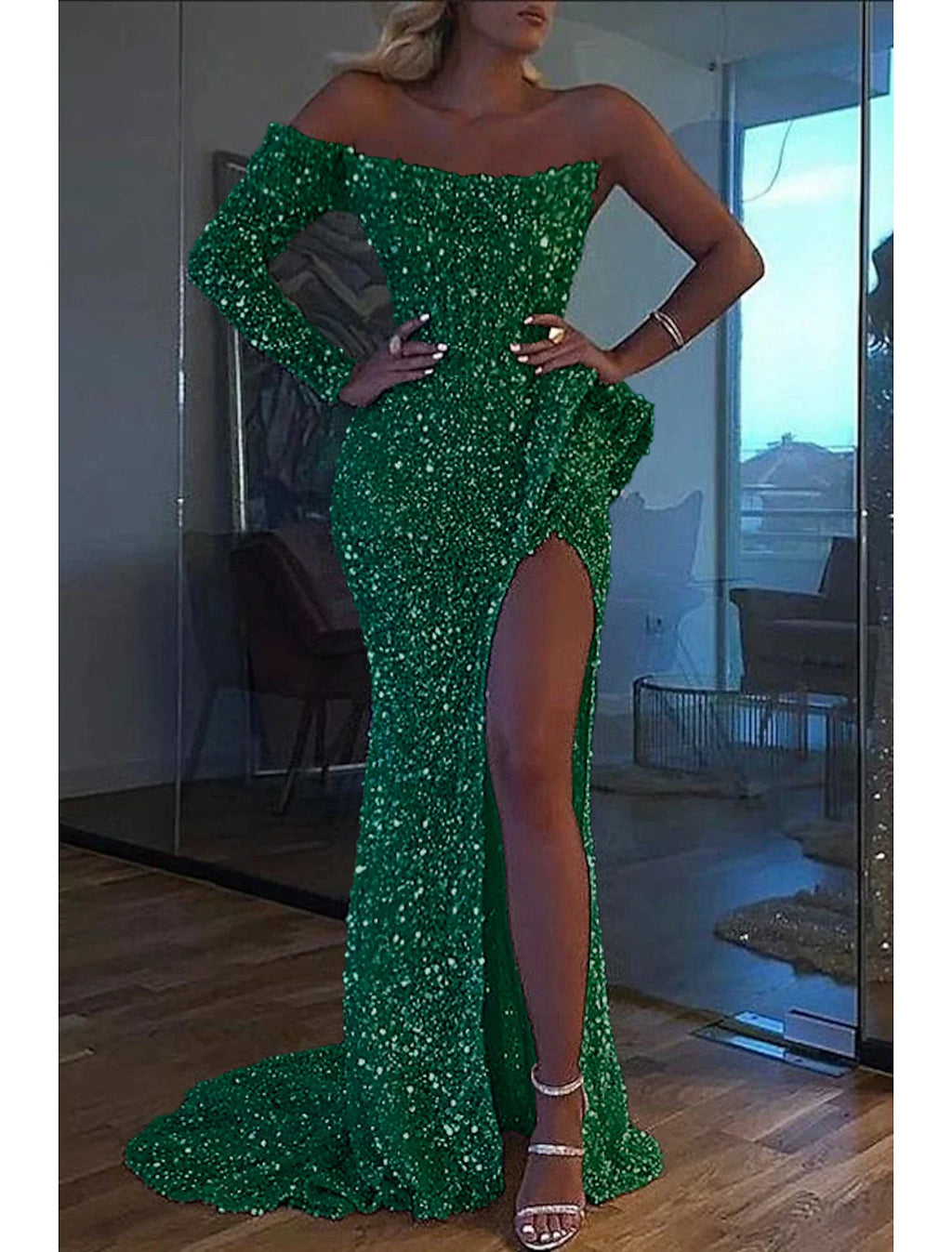 Green Mermaid Dress Evening Gown Christmas Red Dress Formal Wedding Court Train Long Sleeve One Shoulder with Slit