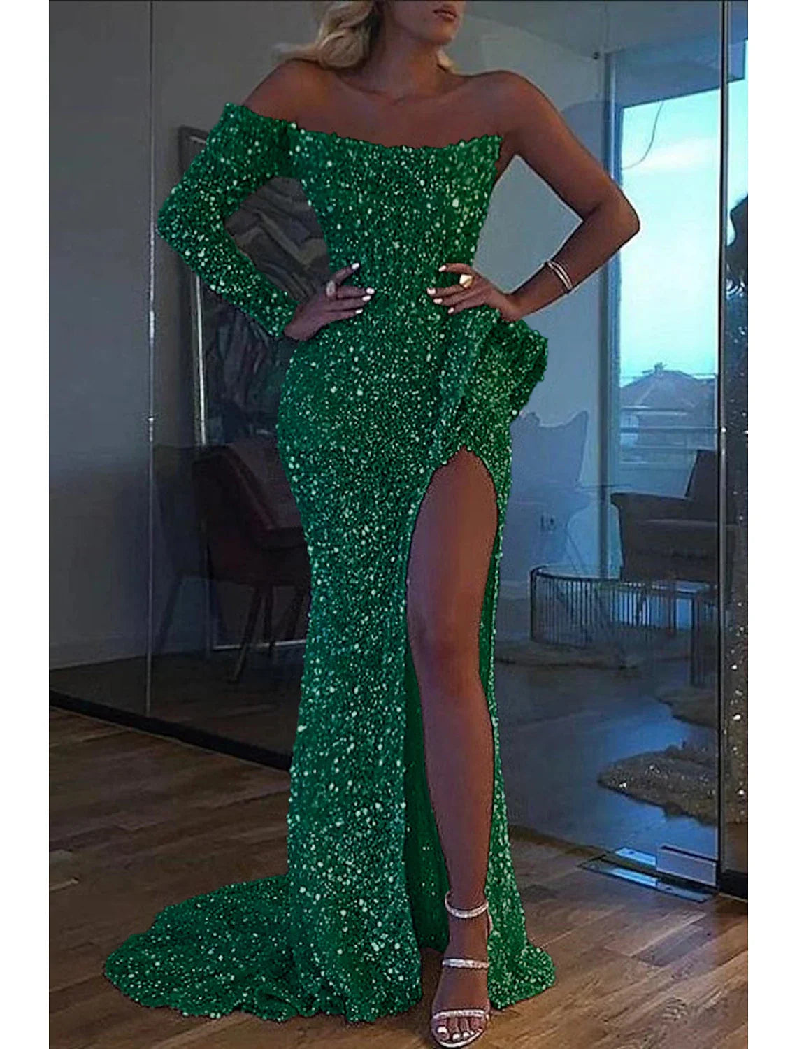 Green Mermaid Dress Evening Gown Christmas Red Dress Formal Wedding Court Train Long Sleeve One Shoulder with Slit