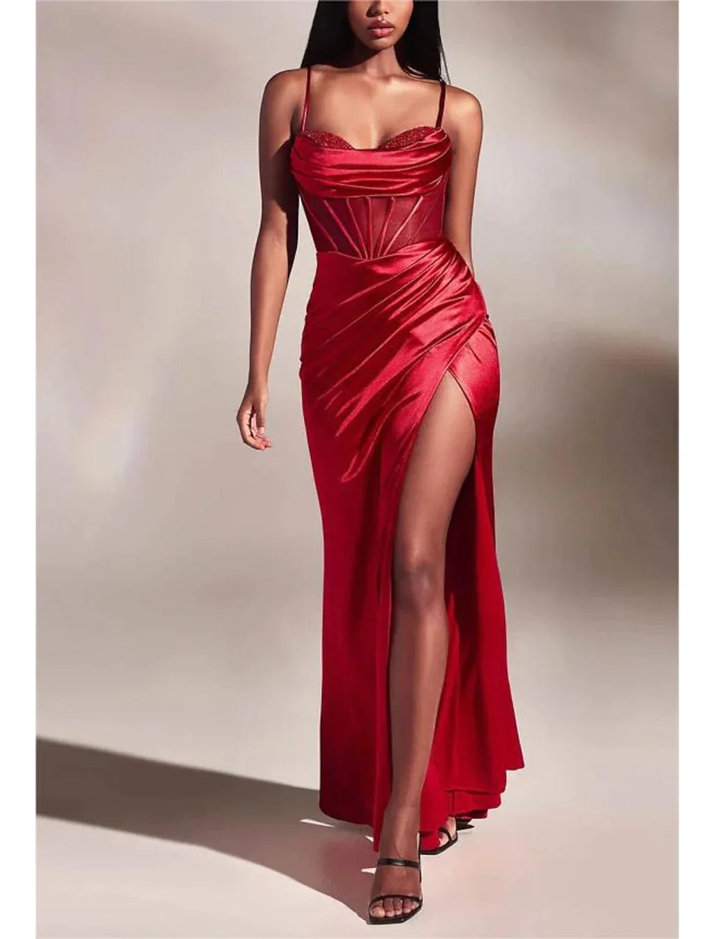 Sheath / Column Evening Gown Glittering Dress Wedding Prom Floor Length Sleeveless V Neck Crisscross Back with Pleats Slit