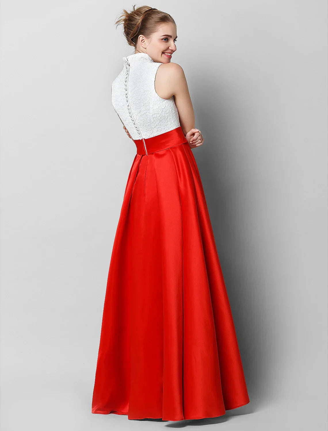 Black & Luxurious Color Block Formal Evening Tie Gala Dress High Neck Sleeveless Floor Length with Pleats