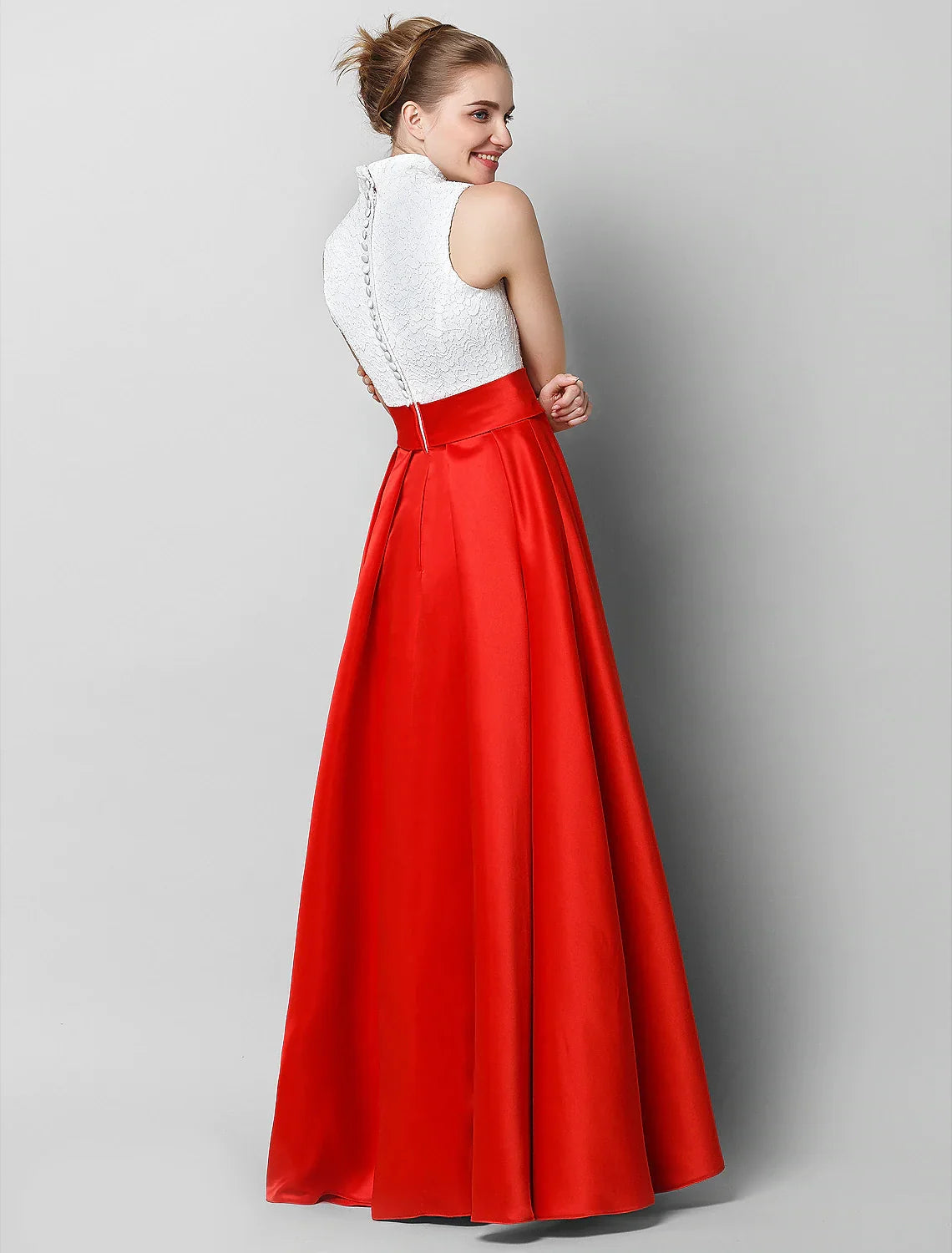 Luxurious Color Block Formal Evening Gala Dress High Neck Sleeveless Floor Length with Pleats