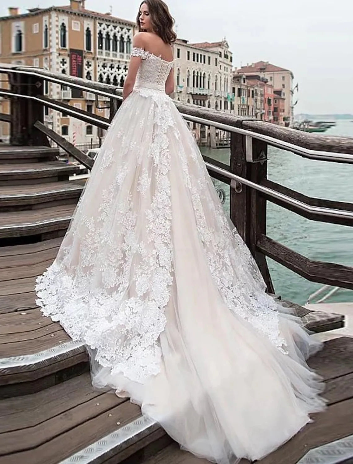Engagement Formal Wedding Dresses Chapel Train Ball Gown Short Sleeve Off Shoulder Appliques