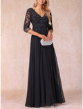Mother of the Bride Dress Wedding Guest Elegant V Neck Floor Length 3/4 Length Sleeve with Ruching Solid Color