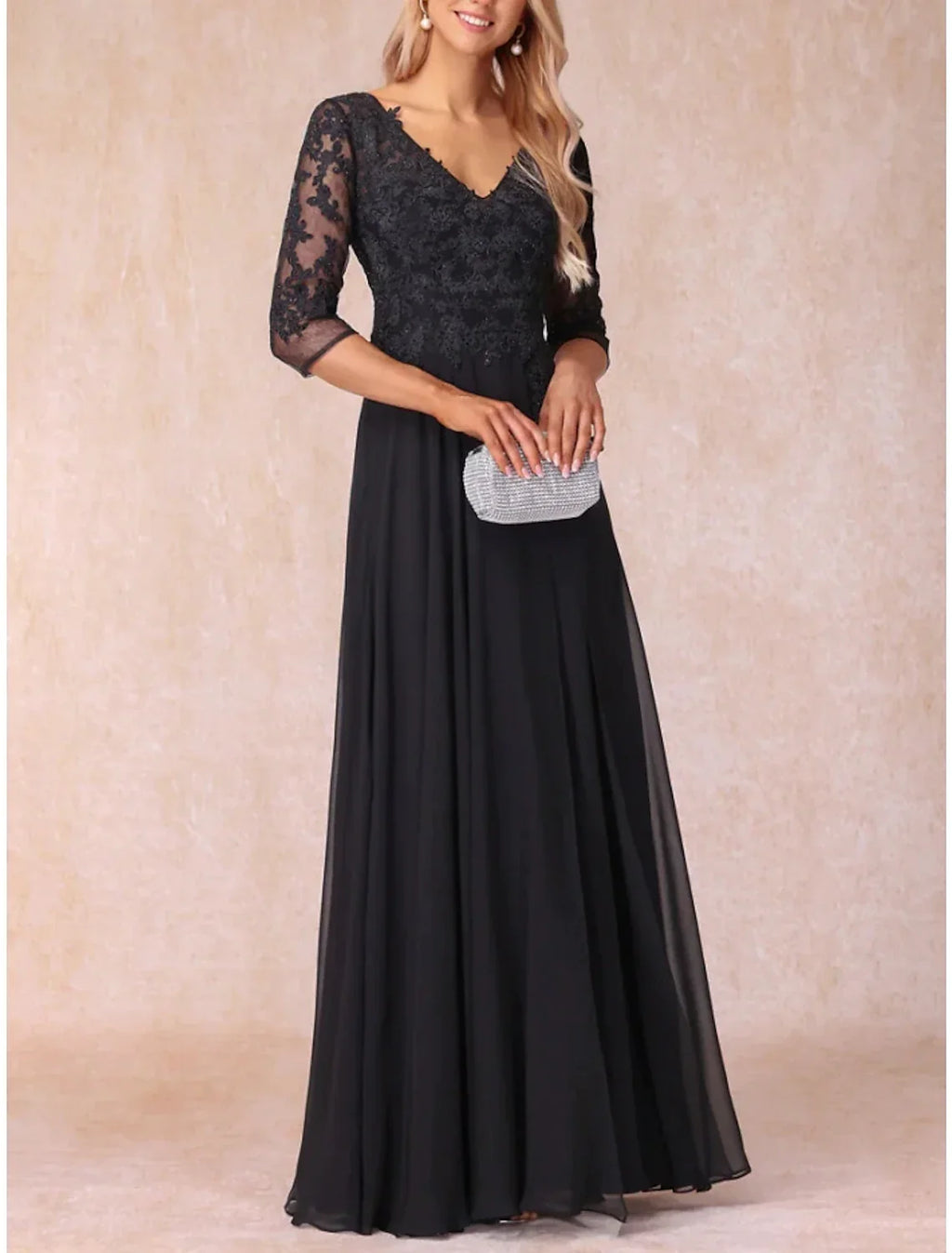 Mother of the Bride Dress Wedding Guest Elegant V Neck Floor Length 3/4 Length Sleeve with Ruching
