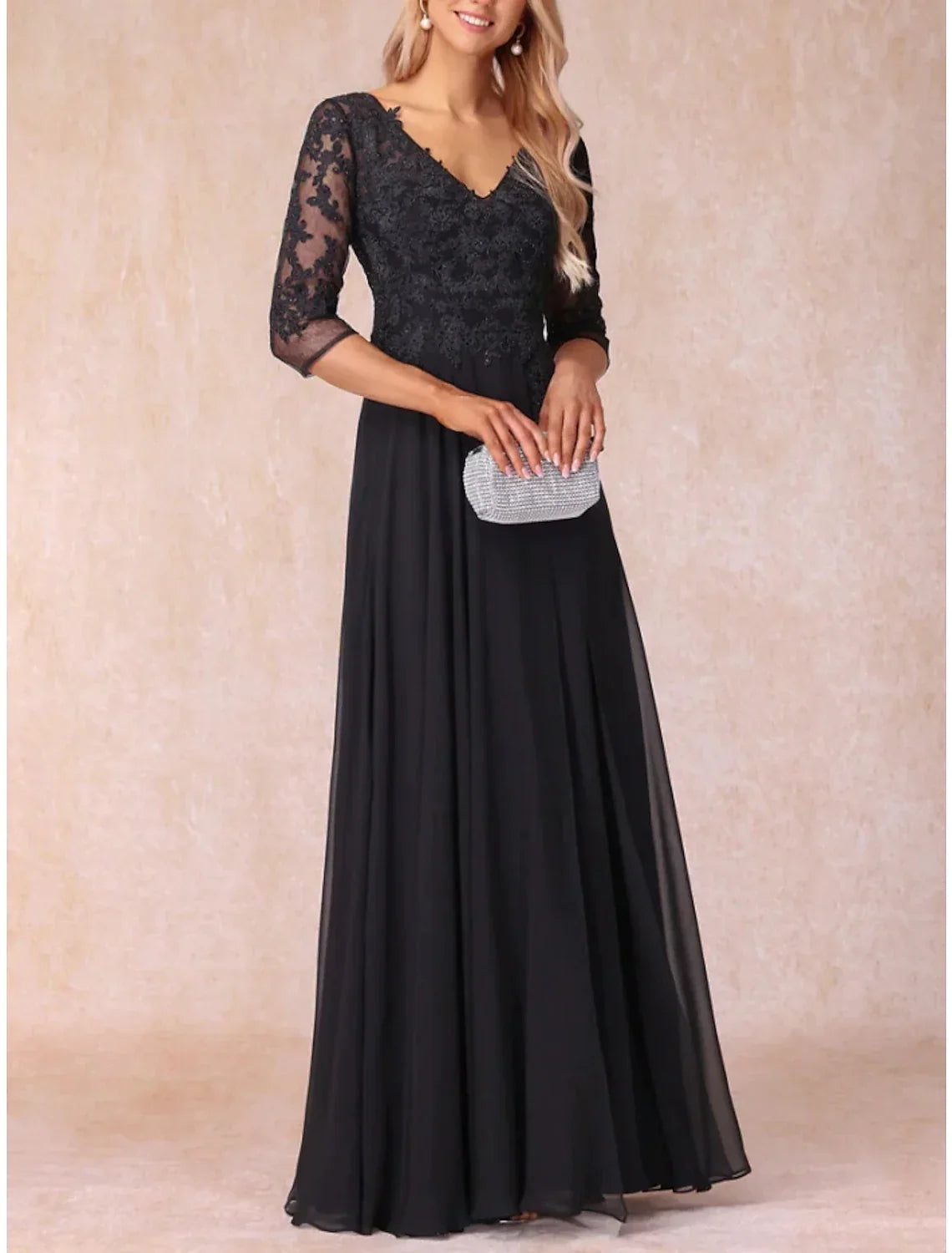 Mother of the Bride Dress Wedding Guest Elegant V Neck Floor Length 3/4 Length Sleeve with Ruching