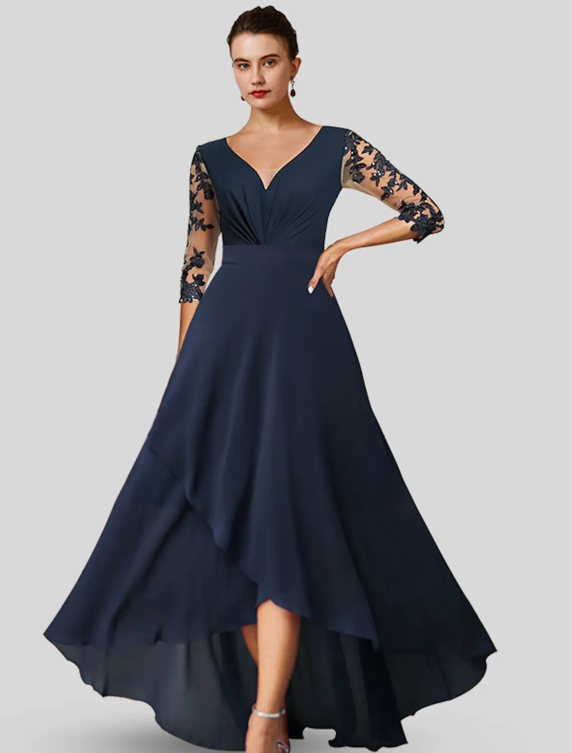 Mother of the Bride Dress Wedding Elegant V Neck Asymmetrical Length Sleeve