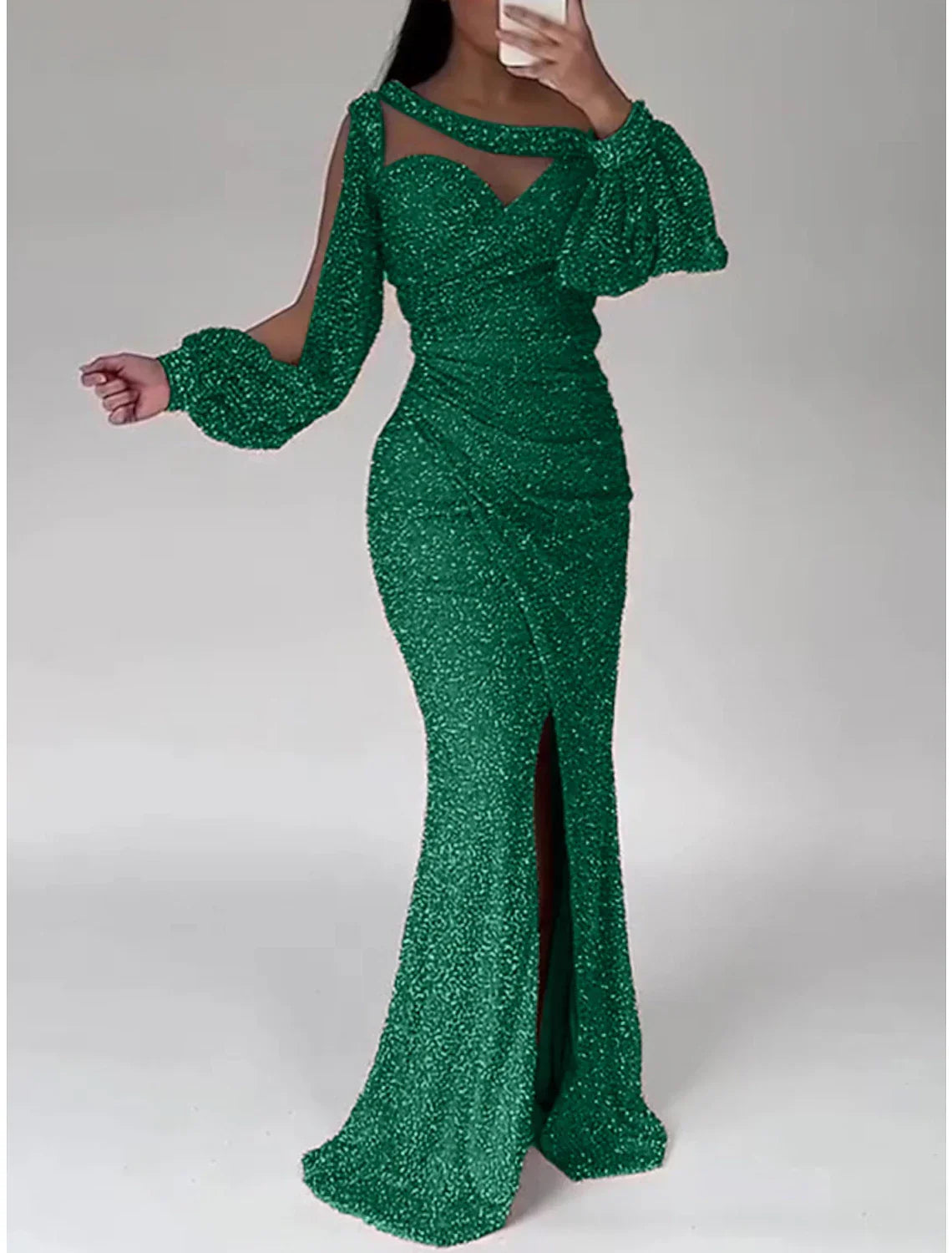 Green Mermaid Dress Evening Gown Christmas Red Dress Formal Sweep / Brush Train Long Sleeve Scoop Neck with Glitter Ruched Slit