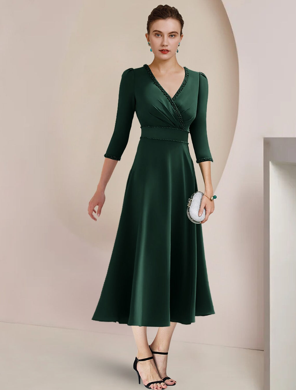 Mother of the Bride Dress Formal Wedding Guest Party Elegant V Neck Tea Length Fabric 3/4 Length Sleeve with Beading Side-Draped