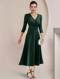 Mother of the Bride Dress Formal Wedding Guest Party Elegant V Neck Tea Length Fabric 3/4 Length Sleeve with Beading Side-Draped