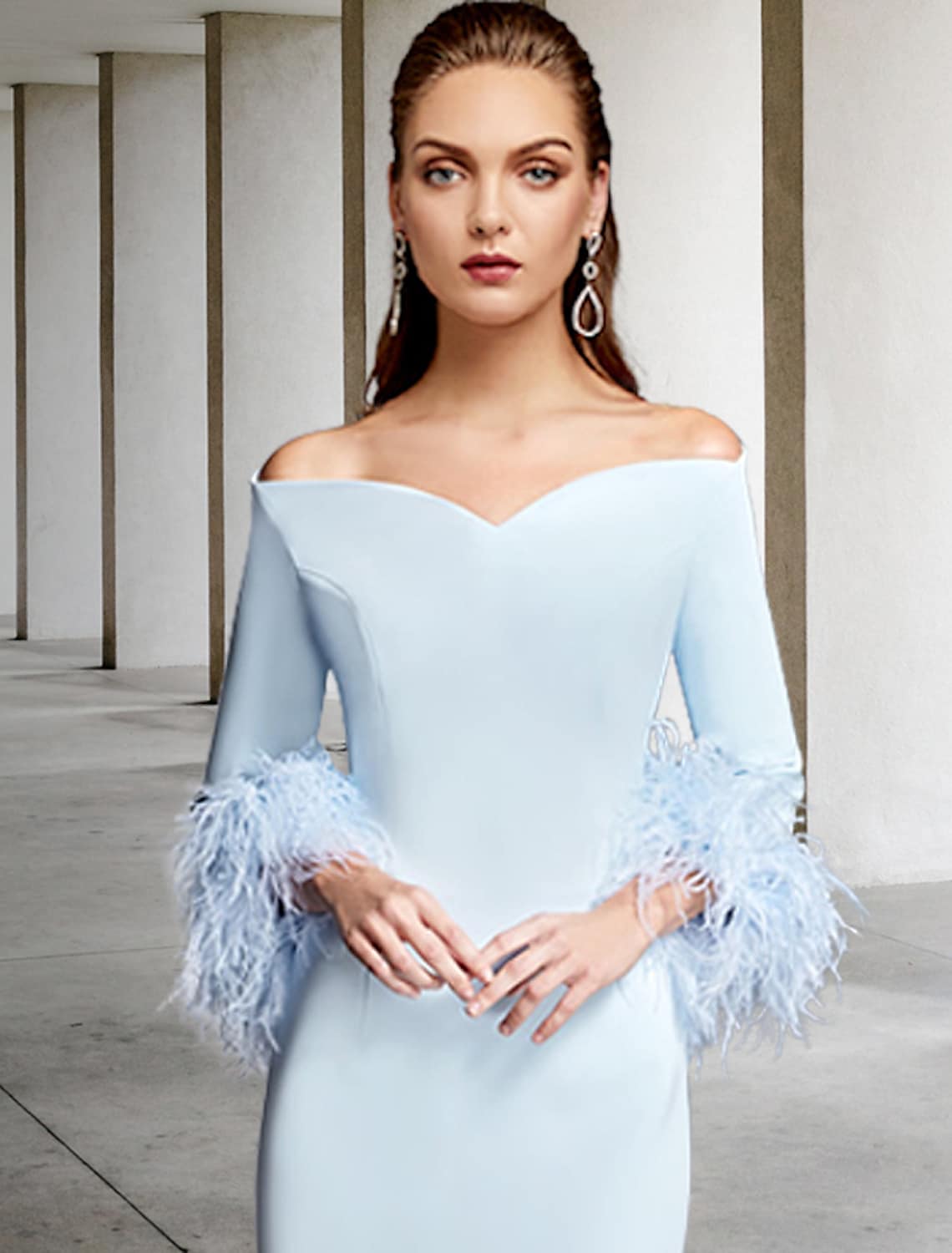 Mother of the Bride Dress Vintage Elegant Off Shoulder V Neck Knee Length Length Sleeve with Feather
